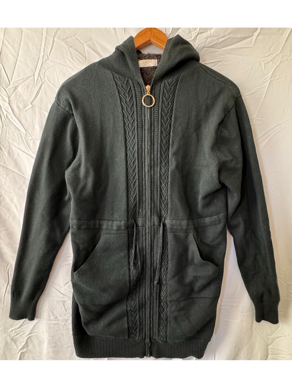 SASA Fashion Jacket Black Hooded Sherpa Lined Cable Knit Ring Zip Pockets